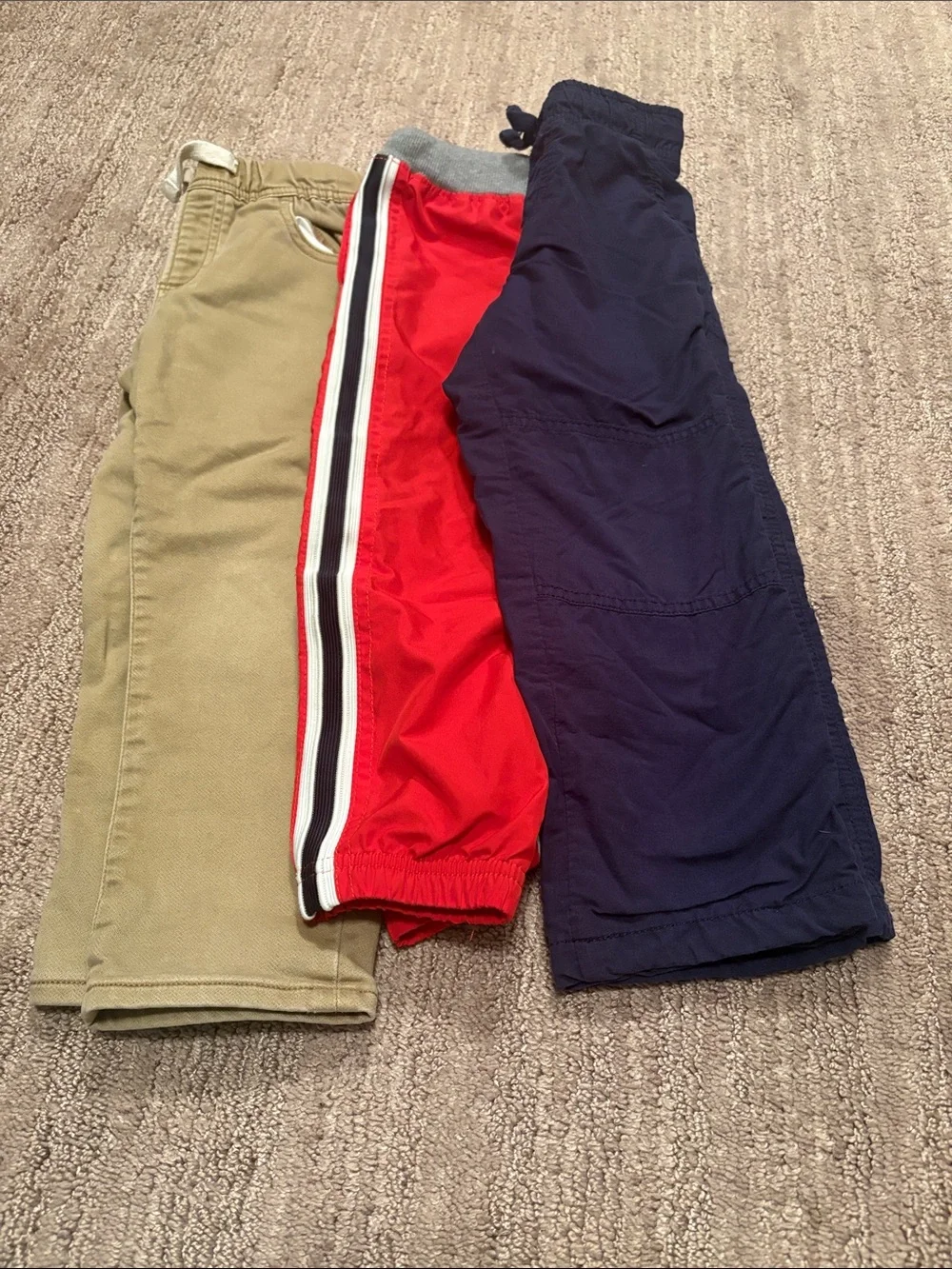 Kids Khaki, Red and Navy Casual Bottoms Trio. Brands Gap, Oshkosh, and Gymboree.
